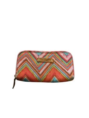 DENA Wallet Clutch Zip Around Multicolor Chevron Cotton Canvas Leather Trim